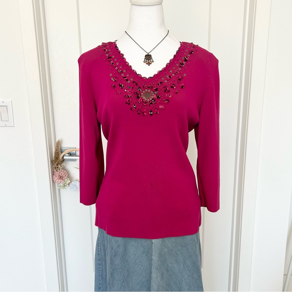Alfred Dunner Fuchsia V-Neck Top with Beaded Accents Size S